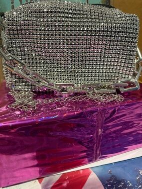 Mini Silver Rhinestone Chain Bucket Bag -Cross Body New